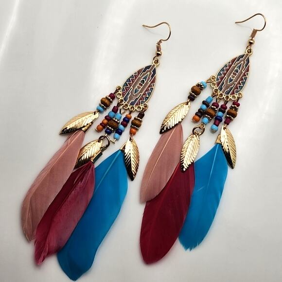 Multicolor Boho Feather Earrings - Picture 2 of 9